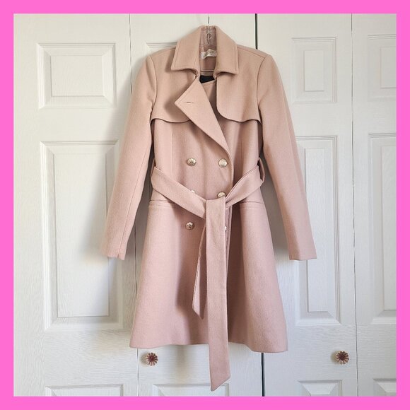European Classic Winter Coat 70% Wool Button Down Collar Elegant Beige Ivory - S - Picture 1 of 13